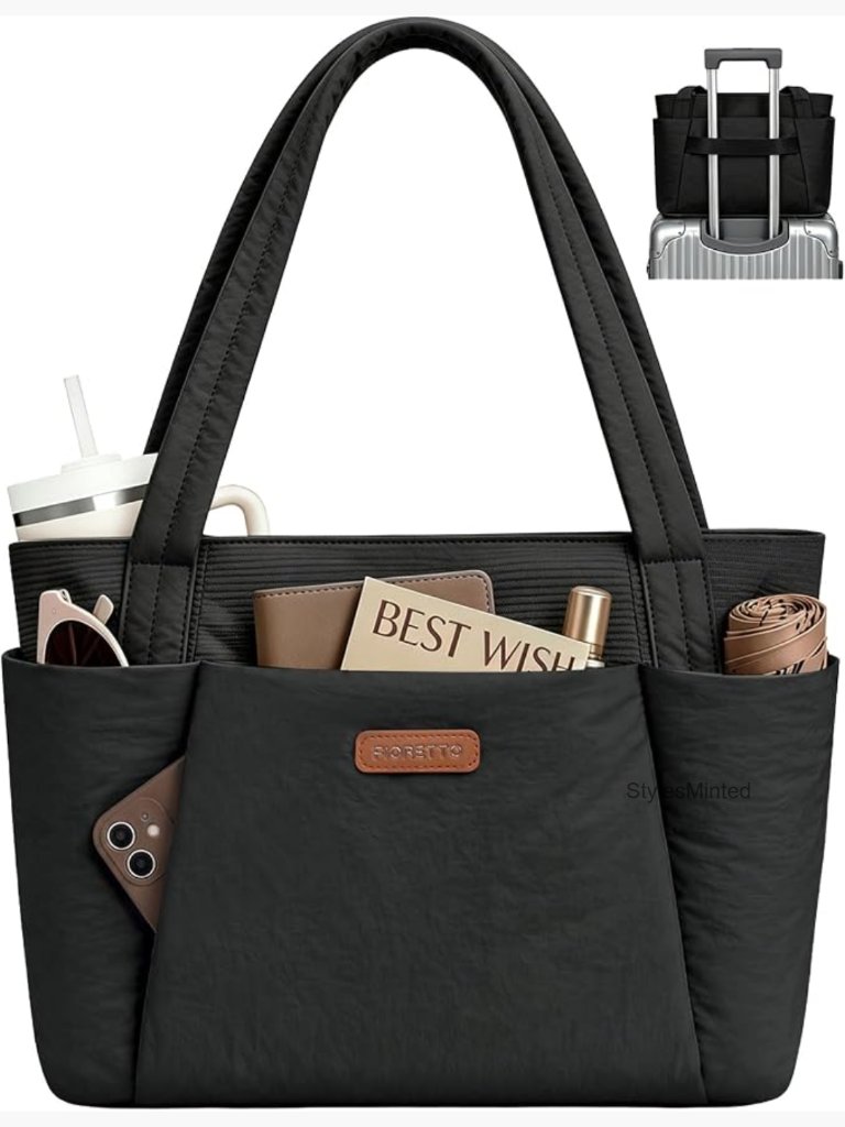 Puffer Tote Bag With Laptop Compartment, Large Work Bag, 7 Pockets